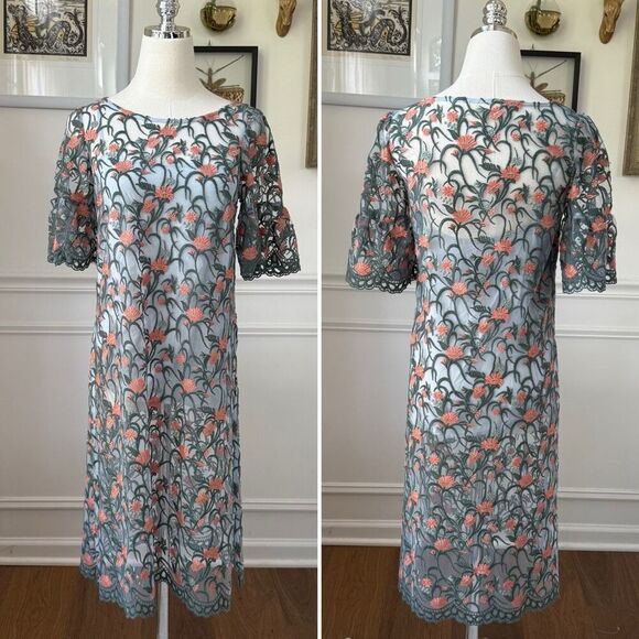 Anthropologie Moulinette Soeurs Floral Embroidered Mesh Tunic Sky $130 XS